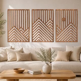 Wood Mountain & Sun Wall Art, set of 3